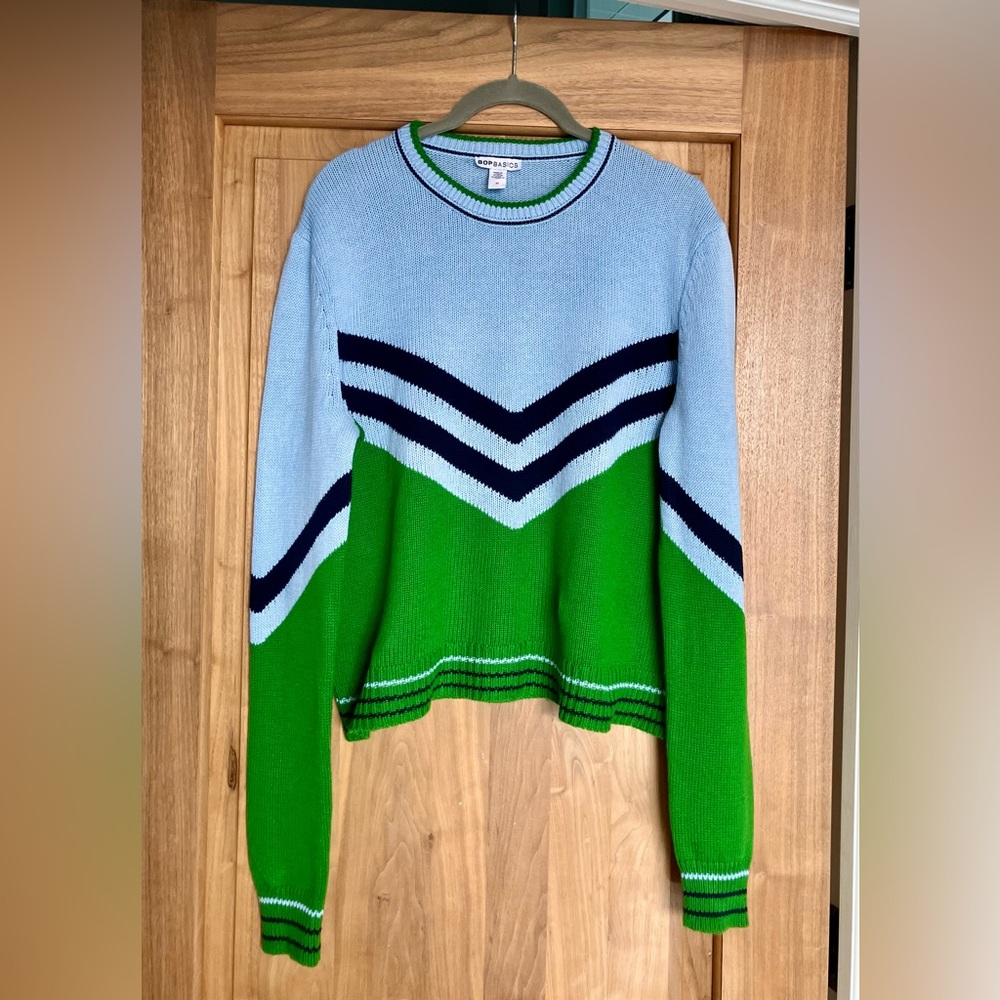 EUC Shopbop BOP BASICS Cotton Chevron Vintage Varsity Sweater Size M Blue/Green - Picture 2 of 12